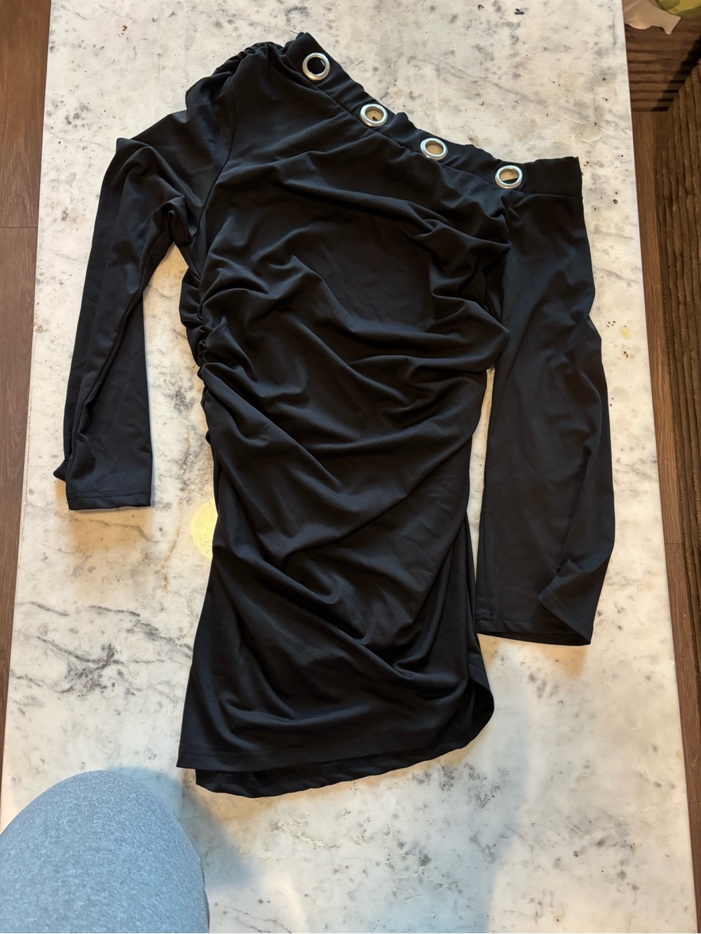 SHEIN Black One-Shoulder Ruched Dress with Silver Grommet Trim
